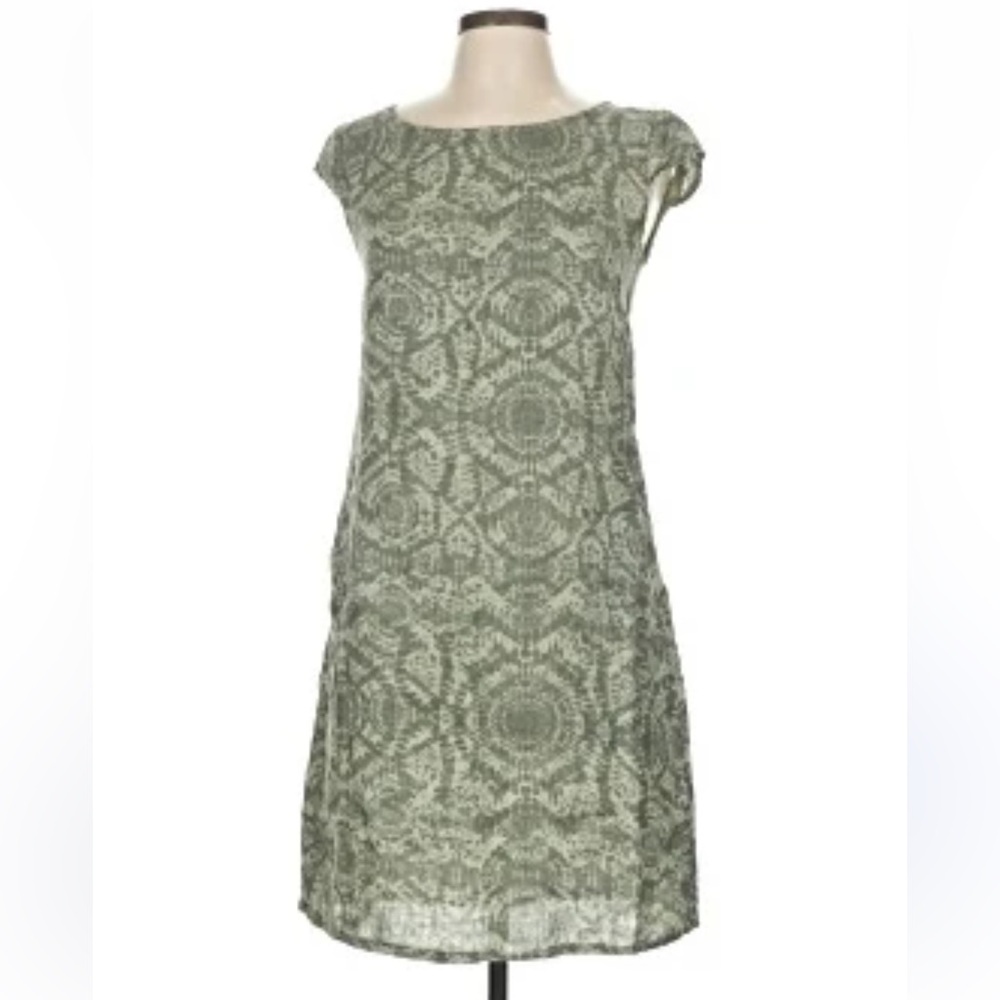 Lina Tomei Linen Printed Olive Palma Dress Womens Large Beachy Lagenlook Italy